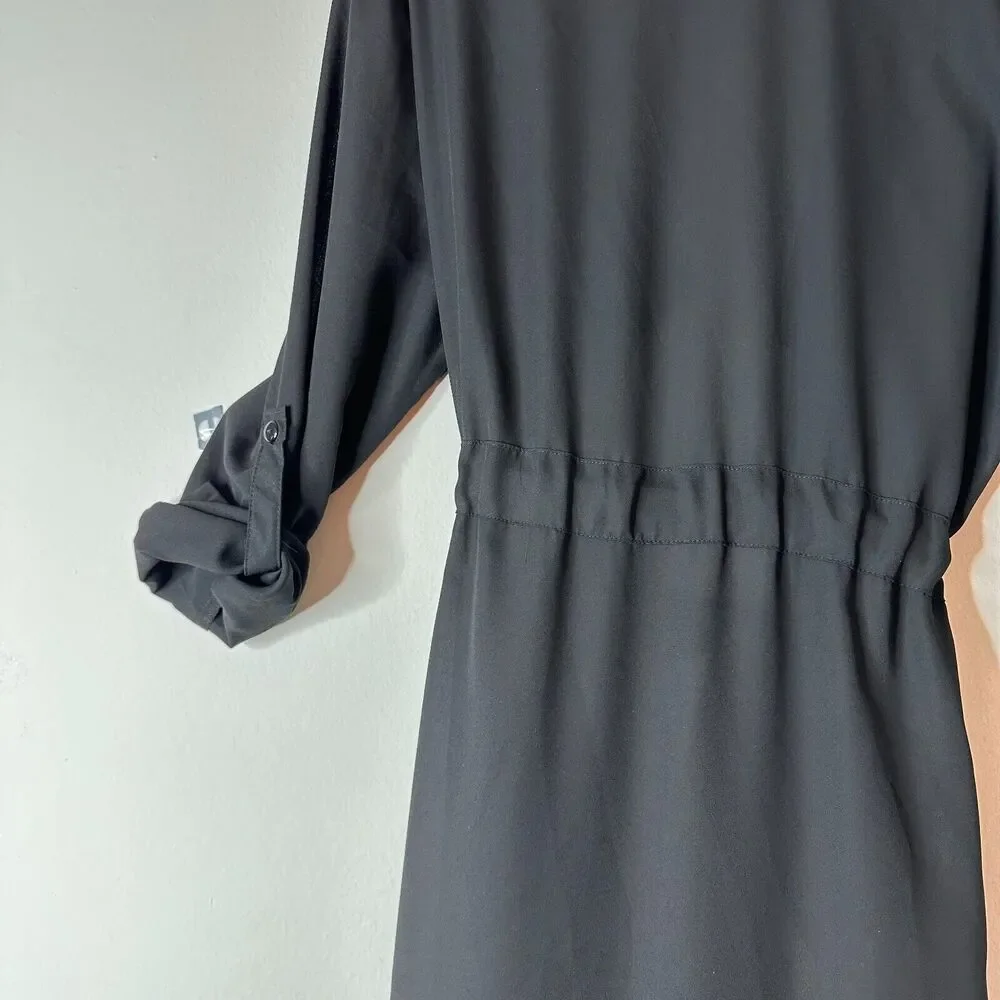 ReVamped Black Flowy Roll Tab Sleeve Tie Waist Waterfall Neck Wrap Dress Small - Picture 6 of 14